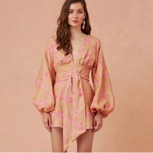 KEEPSAKE the label Linen Fallen Long Sleeve Romper in
Nude With Candy XS